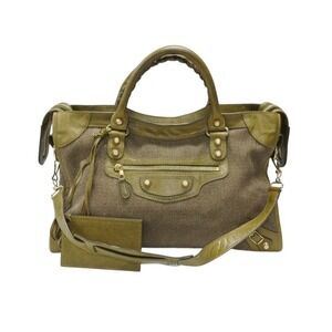 BALENCIAGA The Giant City Handbag Shoulder Bag Canvas Khaki Green Leather